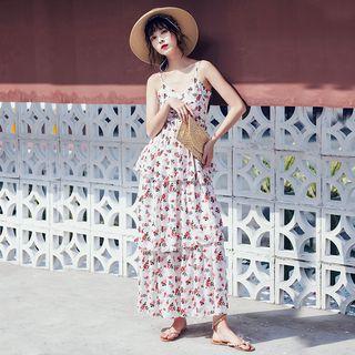 Floral Printed Spaghetti Strap Layered A-line Dress