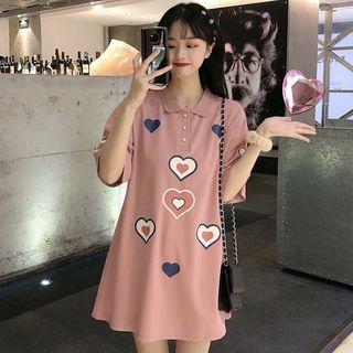 Elbow-sleeve Hot Print Mini Polo Shirt Dress