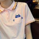 Embroidered Cat Frilled Short-sleeve Polo Shirt