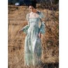Set: Short-sleeve Midi A-line Dress + Arm Sleeve Green - One Size