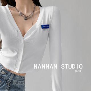 Labeled Button-up Crop Knit Top