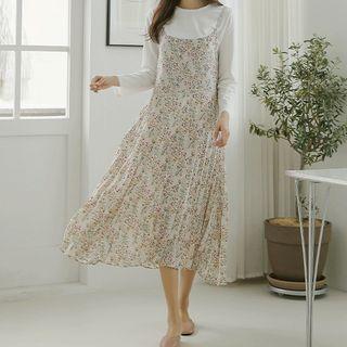 Pleated Floral Long Pinafore Dress