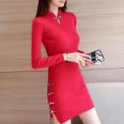 Stand-collar Long-sleeve Knit Dress