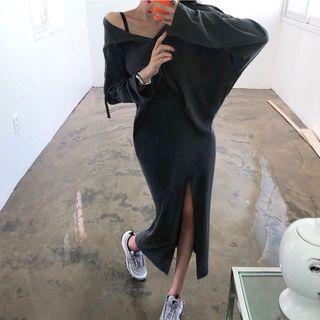 Set: Batwing-sleeve Hoodie + Split Hem Midi Skirt Dark Gray - One Size