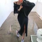 Set: Batwing-sleeve Hoodie + Split Hem Midi Skirt Dark Gray - One Size