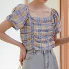 Short-sleeve Check Ruched Blouse Blue - One Size