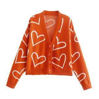 Long Sleeve V-neck Heart Print Loose-fit Cardigan