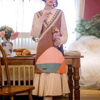 Mock Two-piece Long-sleeve Embroidered Midi Shift Dress