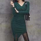 Long-sleeve Ruched Mini Sheath Knit Dress