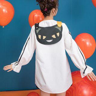 Cat Print Contrast Trim Blouse
