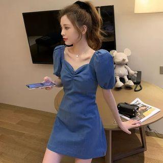 Puff-sleeve Tie-back A-line Mini Dress