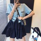 Short-sleeve Contrast Trim Jacket / Mini A-line Skirt