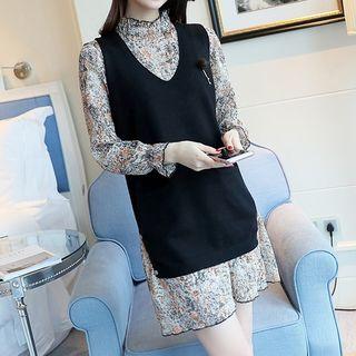 Set: Printed Chiffon Dress + Knit Vest
