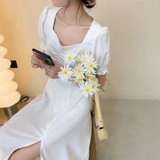 Plain Short-sleeve Shirred A-line Dress