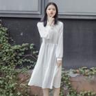 Collared Long-sleeve Midi A-line Chiffon Dress White - One Size