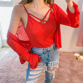 Set: Linen Blend Cardigan + Spaghetti-strap Top