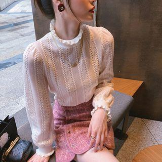 Puff-sleeve Mock-neck Striped Blouse