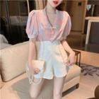 Short-sleeve Faux Pearl Tie Dye Blouse / High-waist Shorts