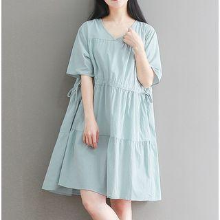 Short-sleeve Linen A-line Dress Light Blue - One Size