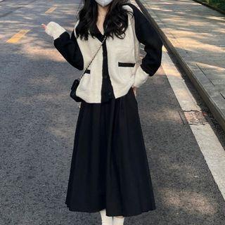 Two-tone Cardigan / Midi A-line Skirt / Set