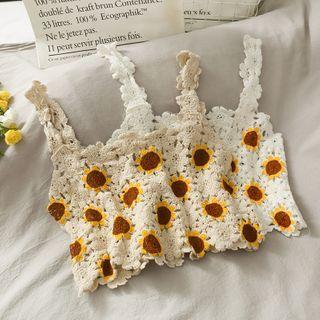 Sunflower-embroidered Jacquard Crop Top