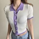 Short-sleeve Contrast Trim Collared Button-up Knit Top
