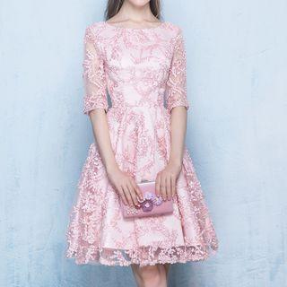 Elbow Sleeve Lace Overlay Cocktail Dress