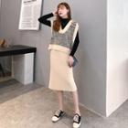 Set: Printed Knit Vest + Midi Knit Straight-fit Skirt