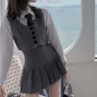 Long-sleeve Shirt / Cropped Button-up Vest / Pleated Mini A-line Skirt