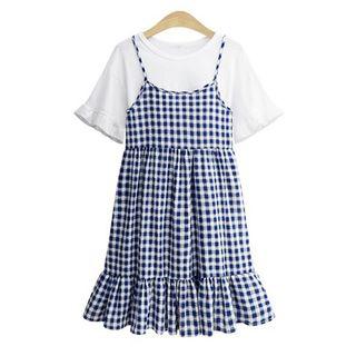 Set: Plain Elbow Sleeve T-shirt + Plaid Spaghetti Strap Dress