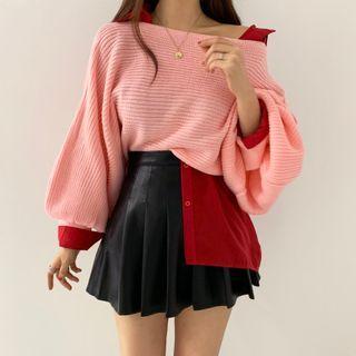Lantern-sleeve Plain Knit Cropped Top
