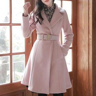 Wide-lapel Wool Blend Flare Coat With Belt