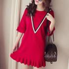 Elbow-sleeve Stripe Ruffle-trim Knit Mini Dress