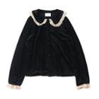 Lace Trim Peter Pan Collar Velvet Blouse Black - One Size