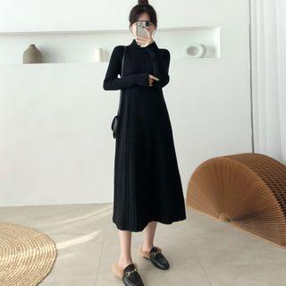 Mock-turtleneck Midi A-line Rib Knit Dress