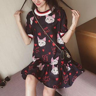 Cat Print Short-sleeve Chiffon A-line Dress