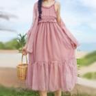 Spaghetti Strap Chiffon Dress / Long-sleeve Light Jacket