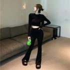 Round-neck Plain Cropped Top / High-waist Plain Boot-cut Pants