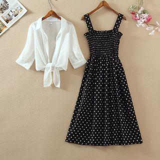 Short-sleeve Chiffon Shirt + Dot Dress Set