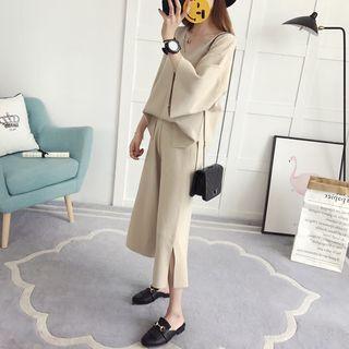 Set: 3/4-sleeve Knit Top + Capri Wide Leg Pants