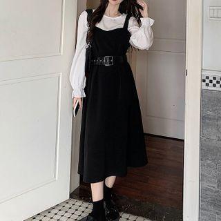 Set: Bell-sleeve Plain Top + Sleeveless A-line Dress