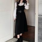 Set: Bell-sleeve Plain Top + Sleeveless A-line Dress