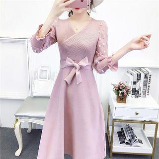 Knit 3/4 Sleeve Tie-waist A-line Dress