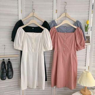 V Neck Puff-sleeve A-line Shirtdress