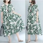 Leaf Print Short Sleeve Midi Dress