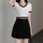 Contrast Trim Cropped Top / Pleated Striped Mini Skirt