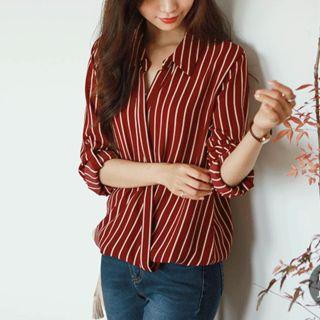 Band-waist Striped Wrap Blouse