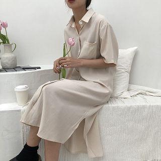 Pocket Detail Elbow-sleeve Midi Shirtdress