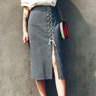 Lace-up Striped Midi Skirt