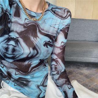 Long-sleeve Marble Print Asymmetrical Mesh Top